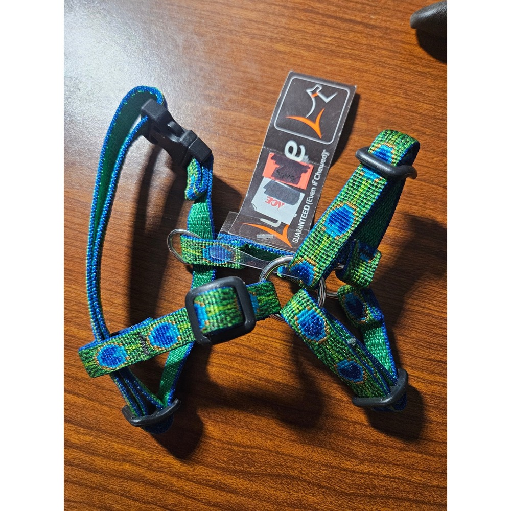 Lupine Pet Roman Harness Small 9-14" Tail Feathers Green Blue Peacock Nylon
